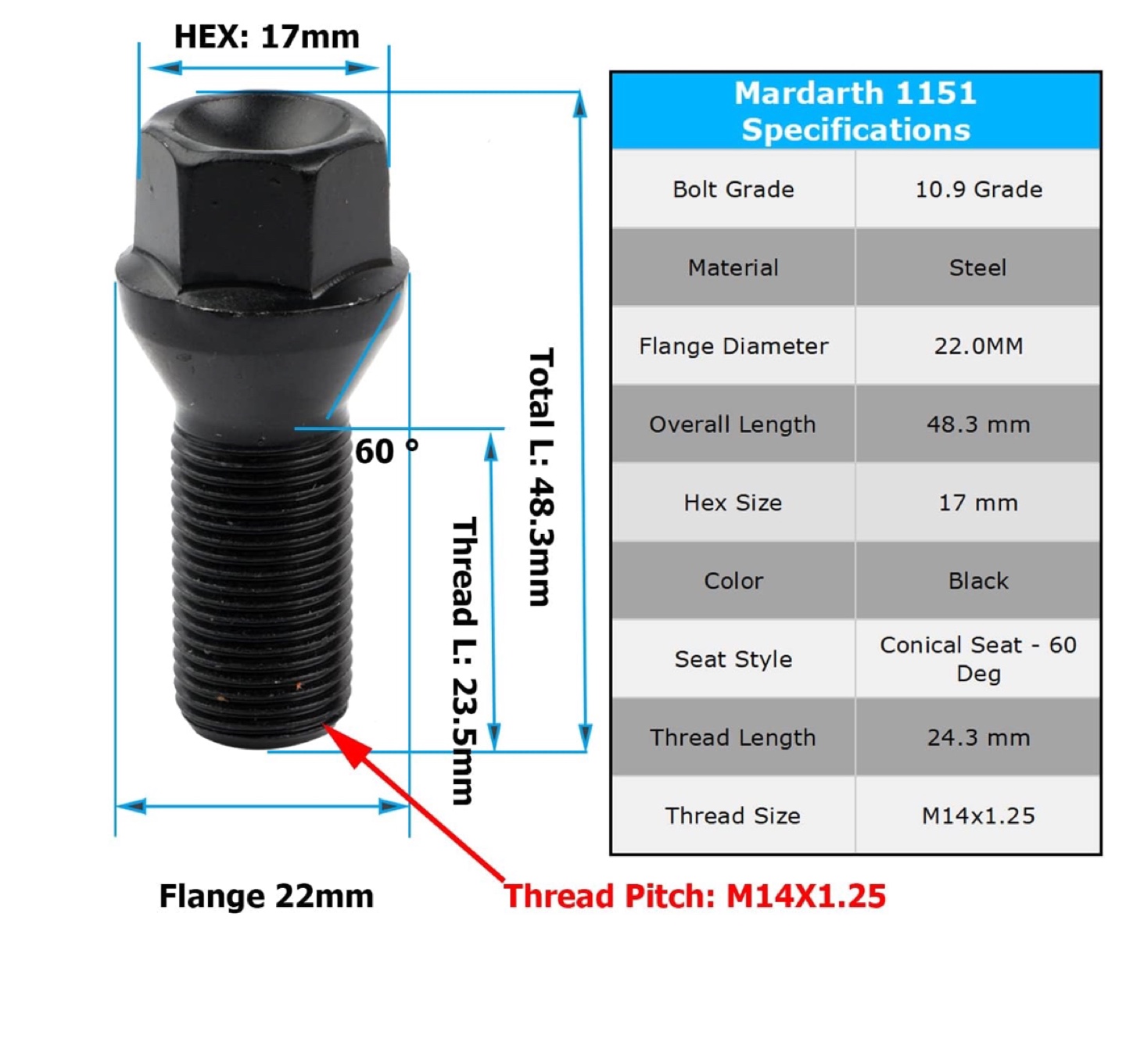 Mardarth 1151 Black Wheel Lug Bolts 5pcs - photo 2