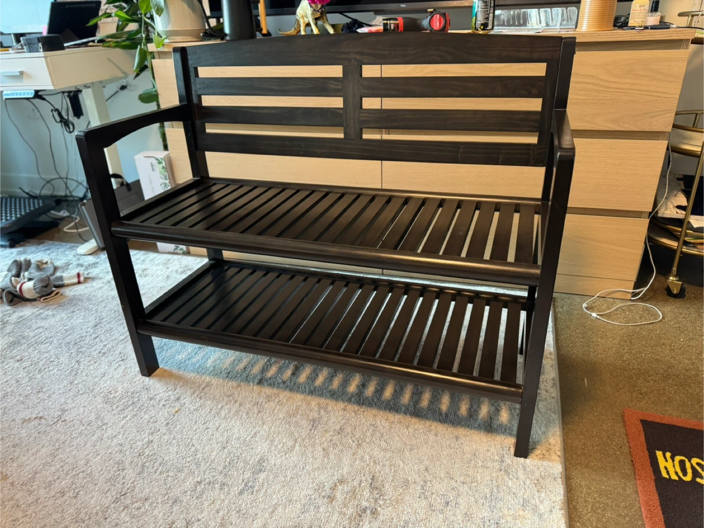 Black Wood Entryway Bench with Shoe Storage - photo 2
