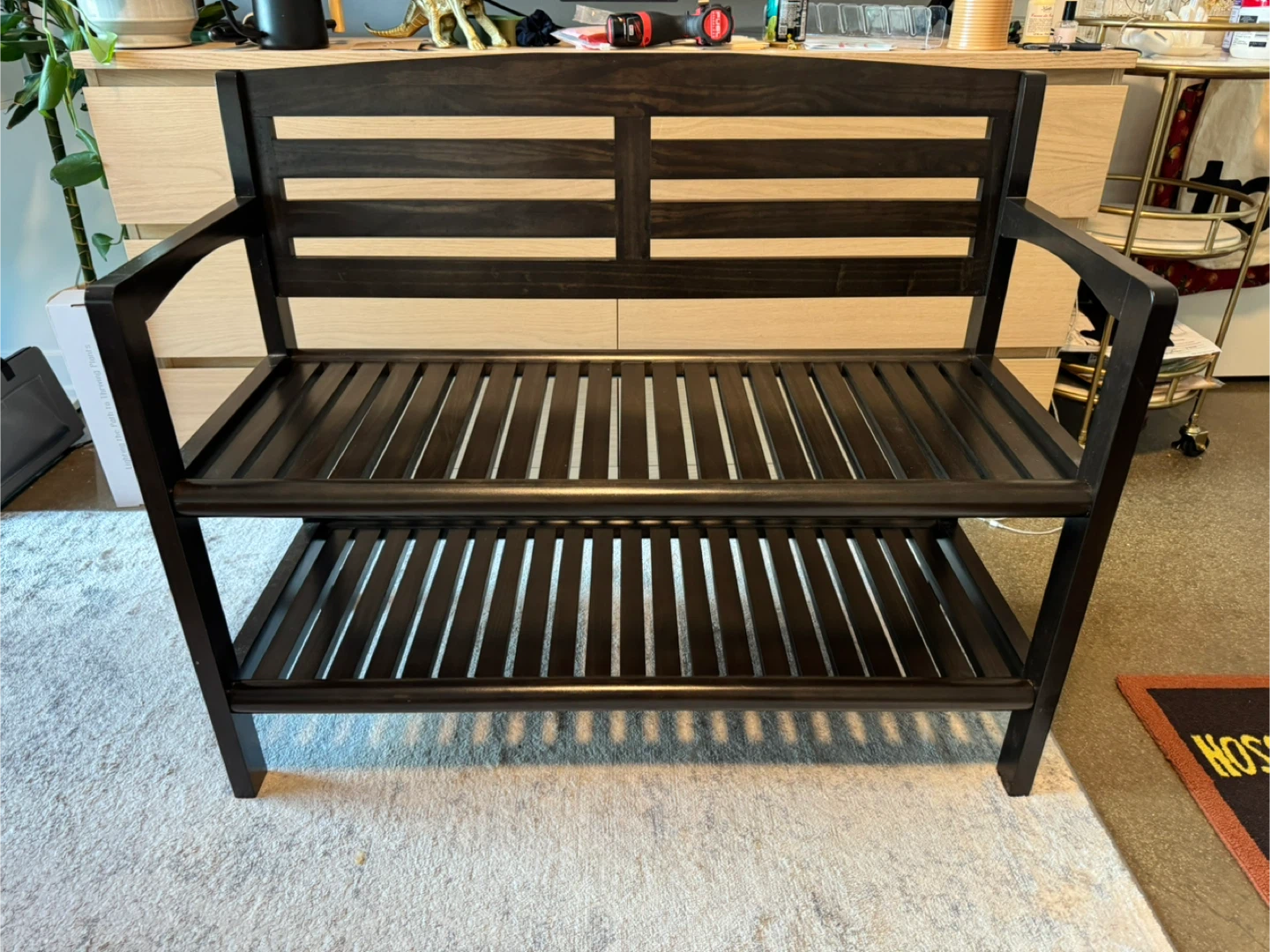 Black Wood Entryway Bench with Shoe Storage