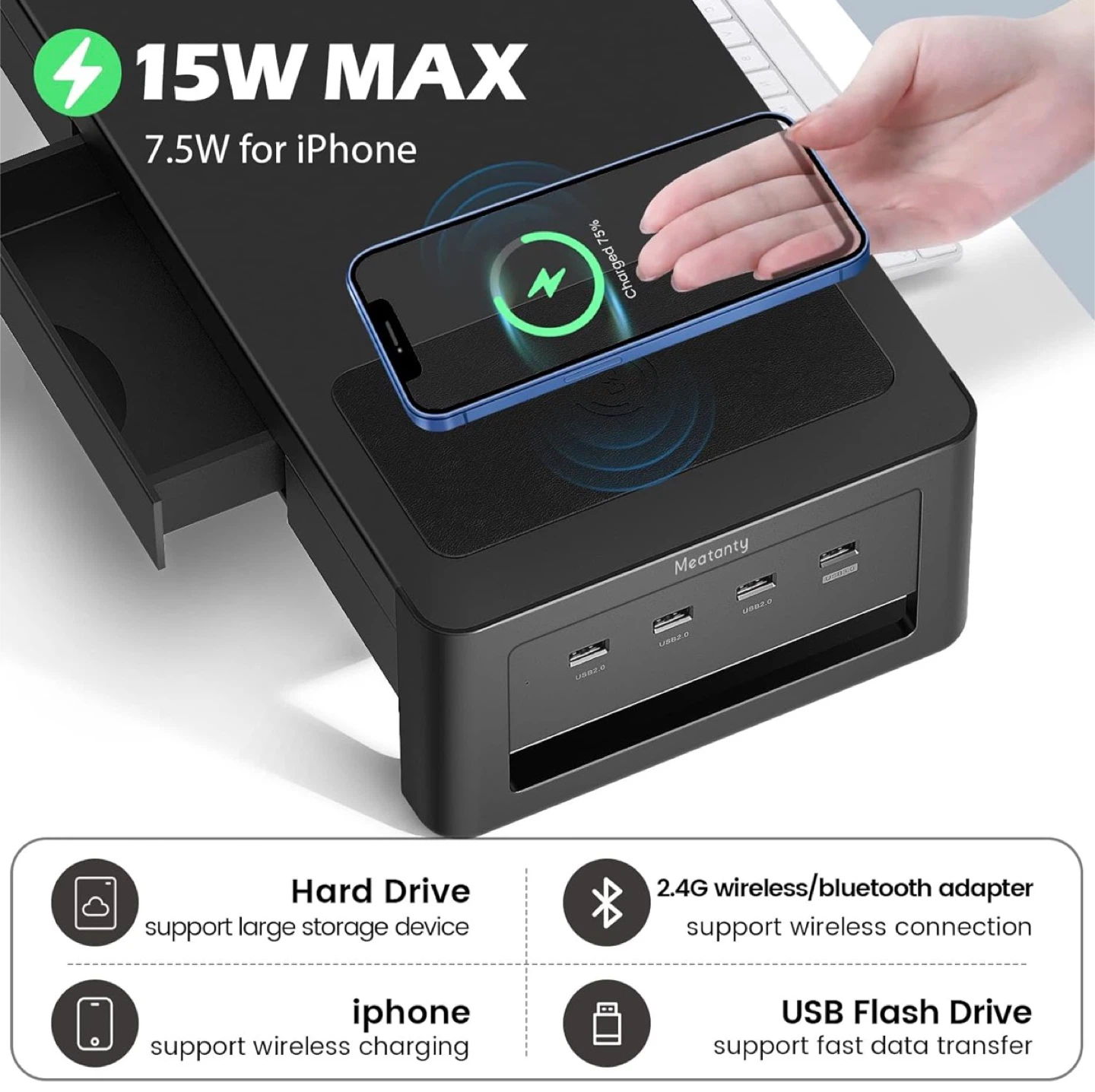 Monitor Stand Riser with Wireless Charger - Black - photo 2
