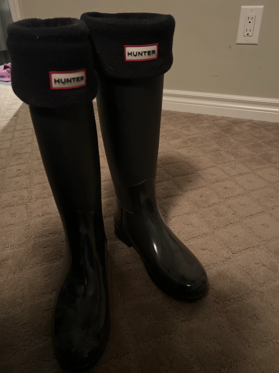 Size 7 woman’s Hunter Black Rain Boots with Socks