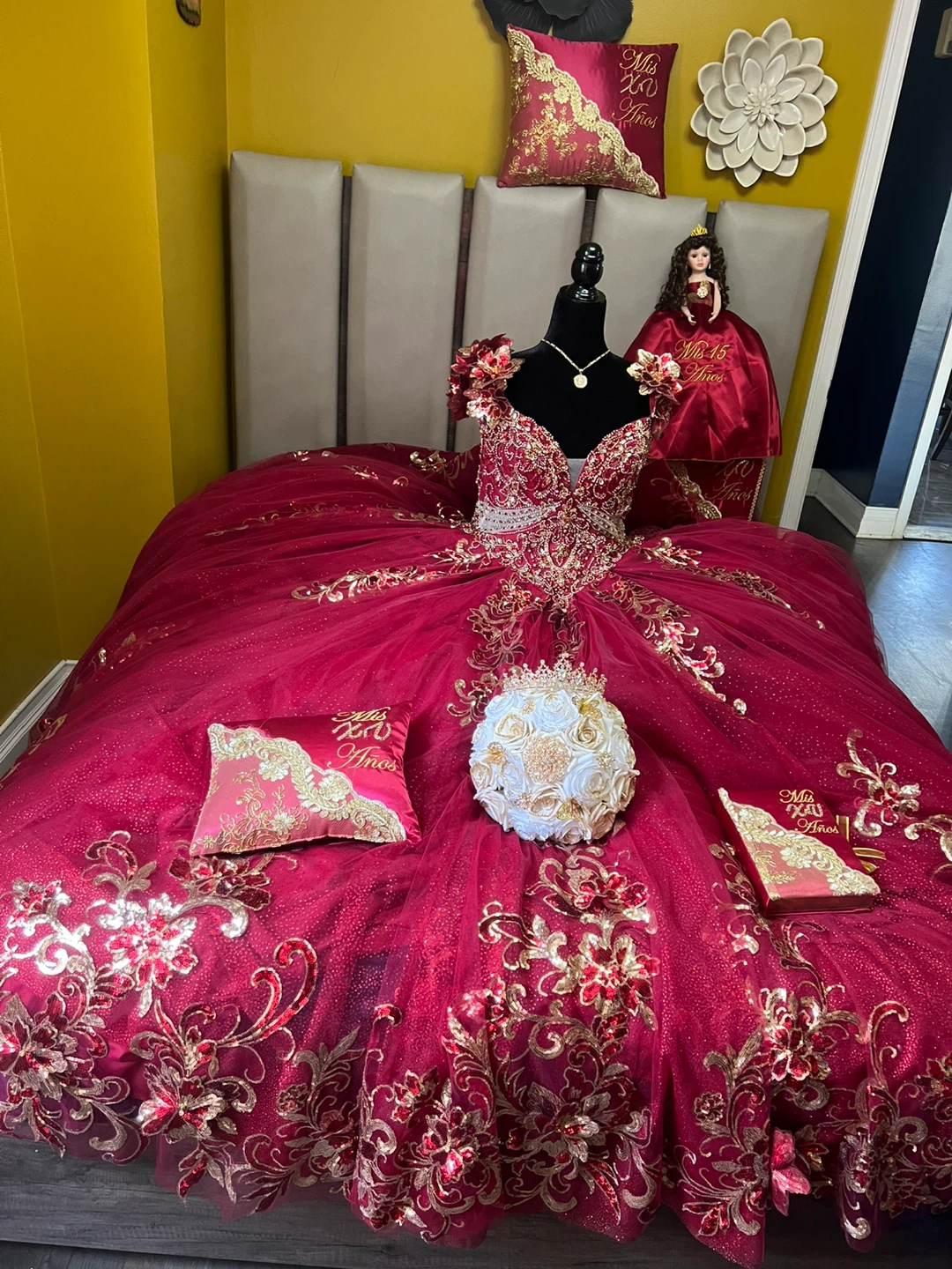 Burgundy & Gold Quinceañera Dress