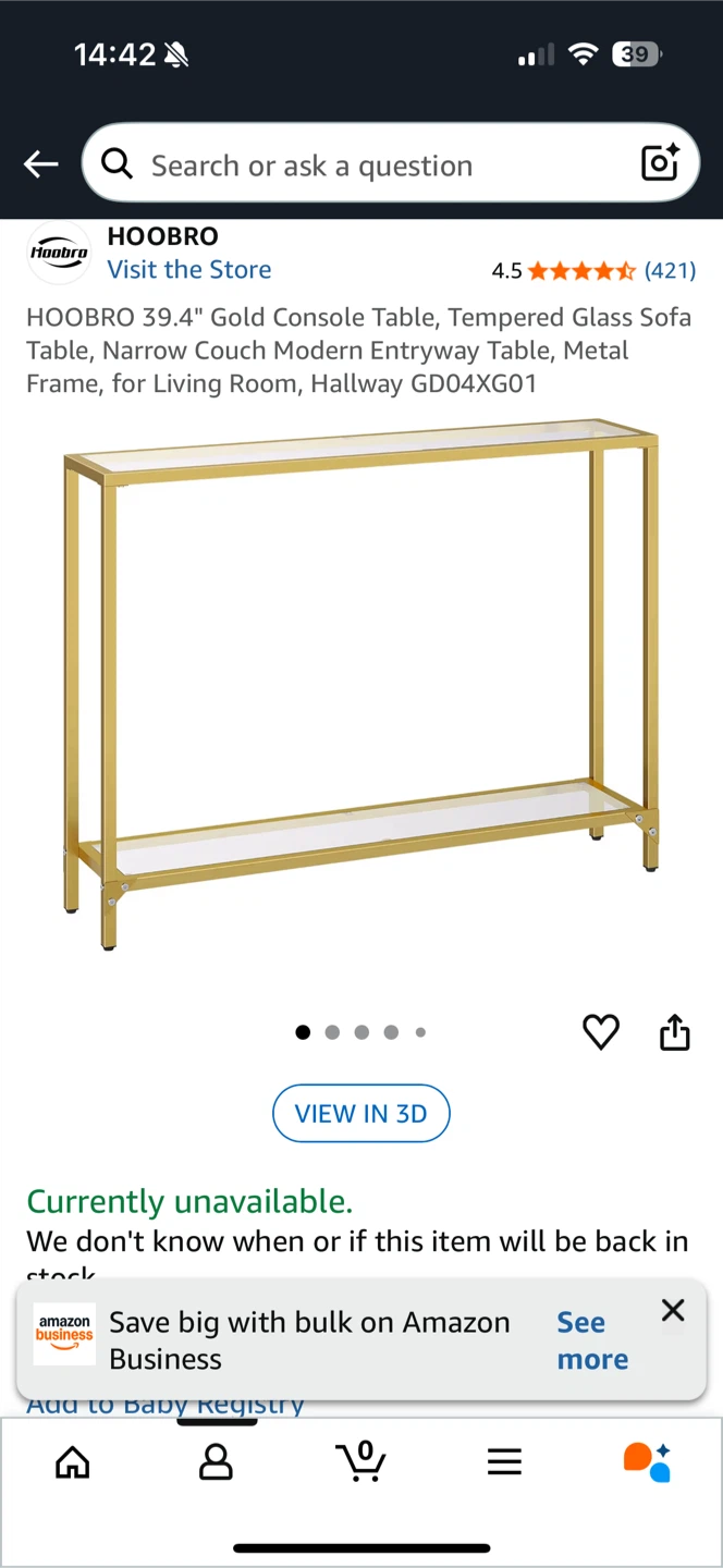 HOOBRO Gold Console Table, 39.4"