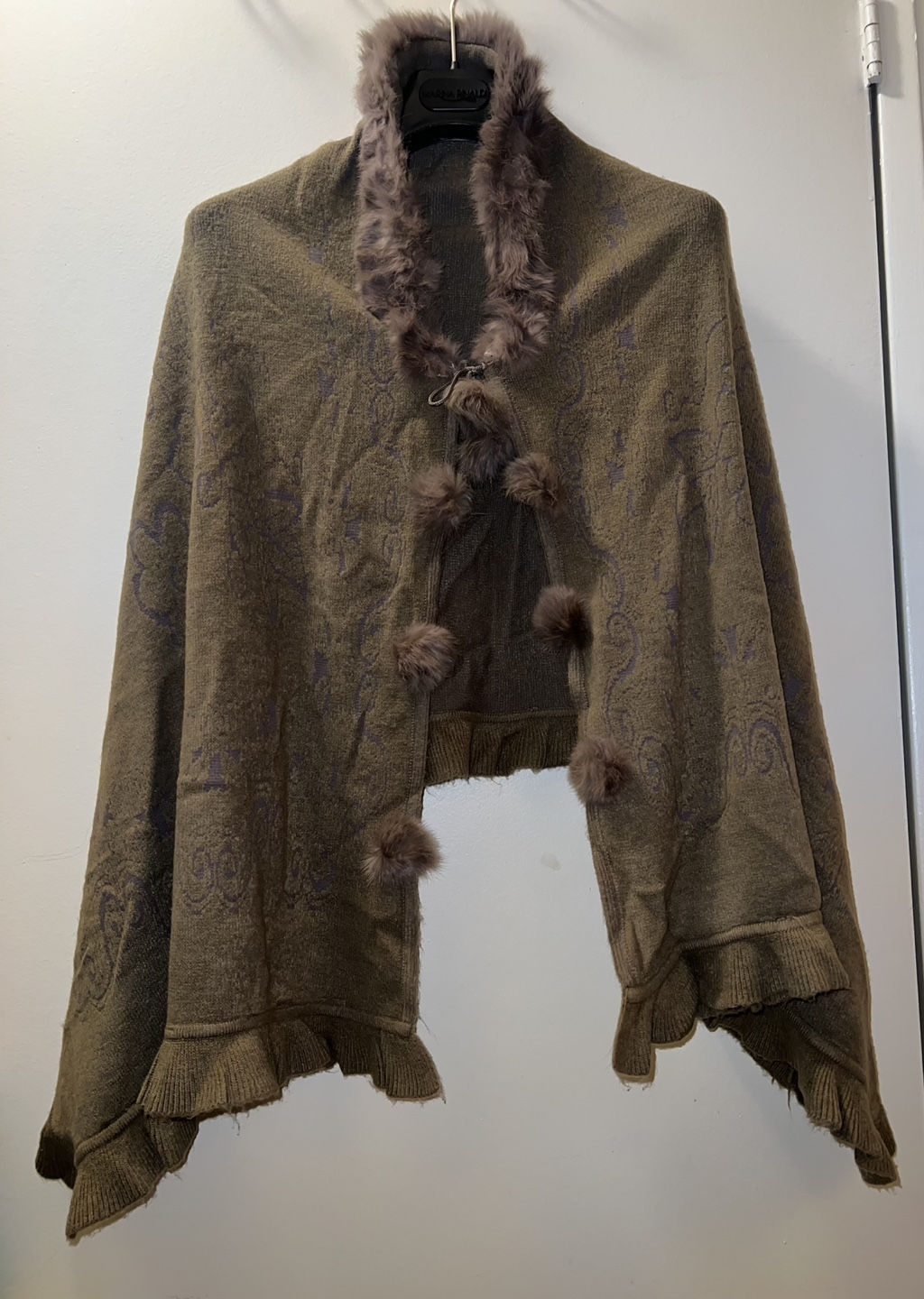 Brown Knit Keshmir Poncho with Faux Fur Trim