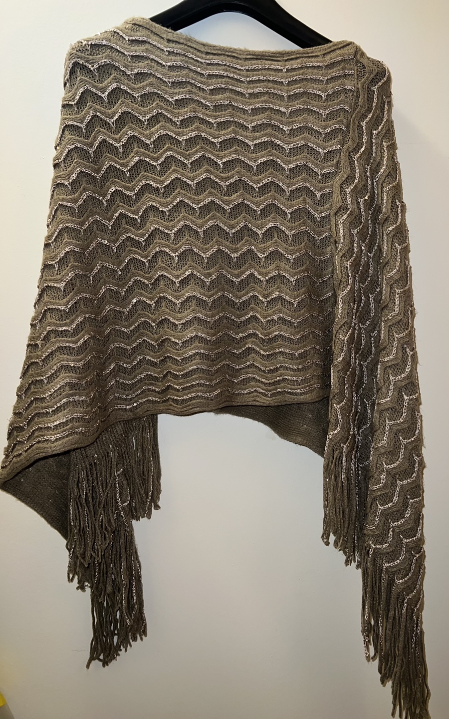 Fringed Knit Poncho - Olive Green