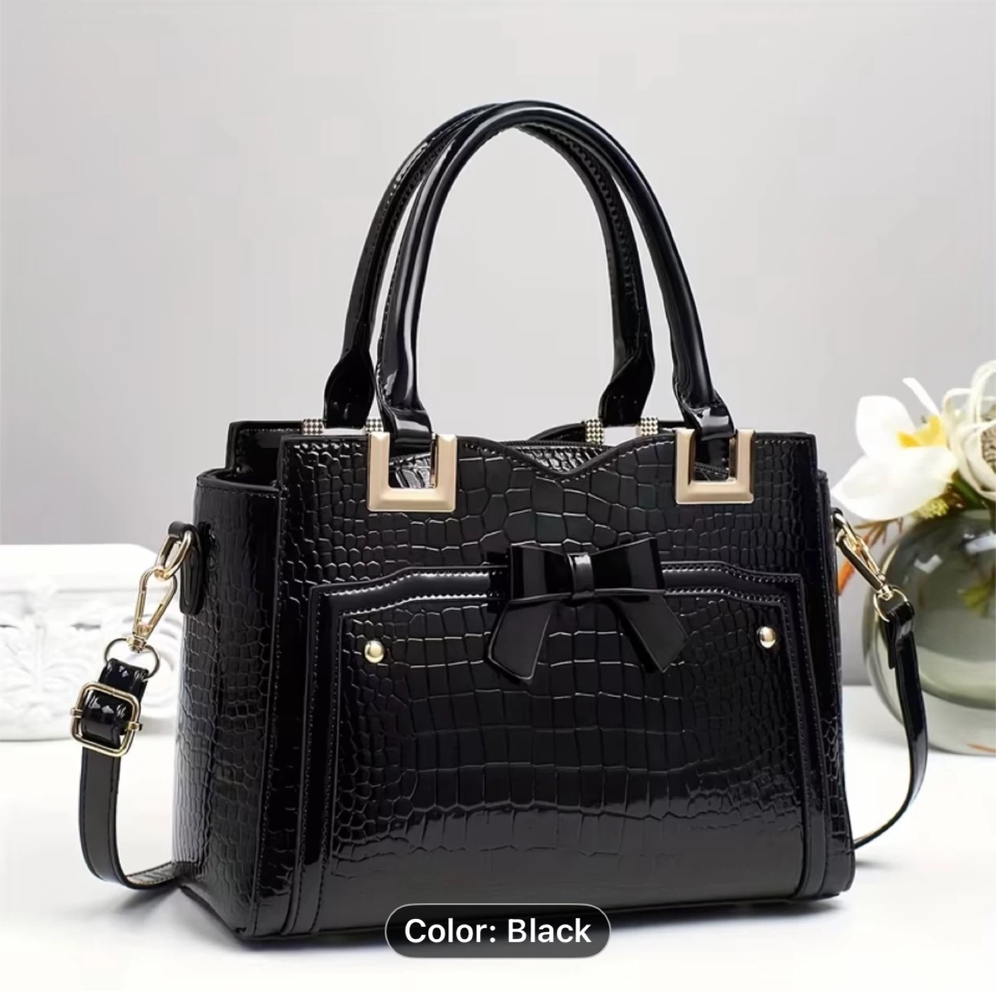Black Croc-Embossed Handbag