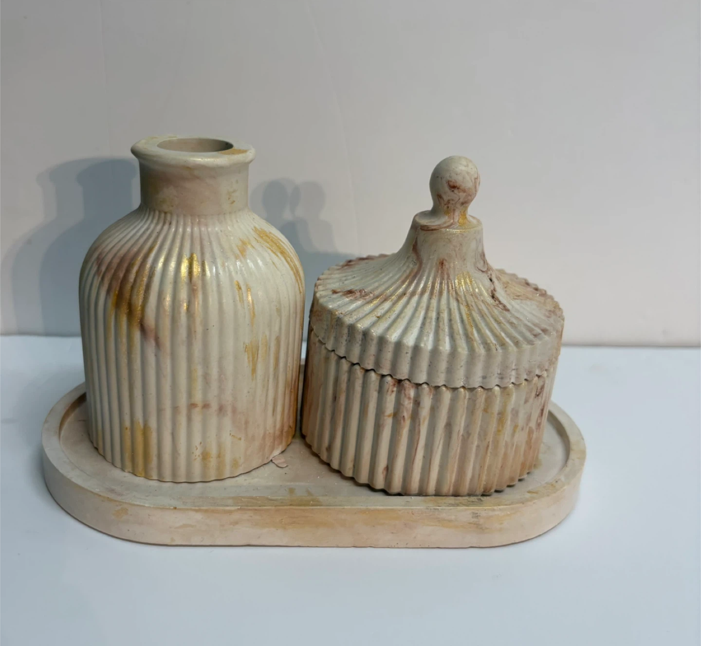 Handmade marble tray set with Trinket Box and Vase