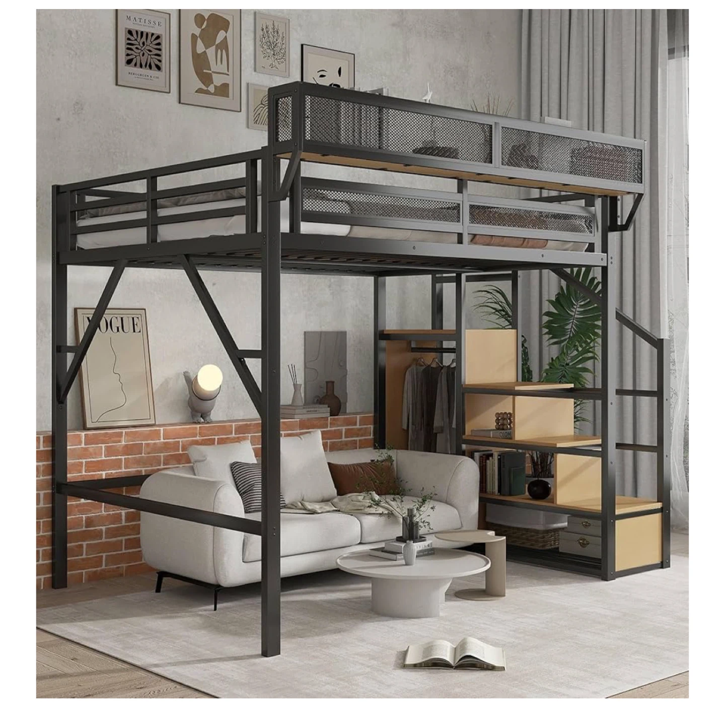 Black Metal Loft Bed Frame - Space Saving & Sturdy