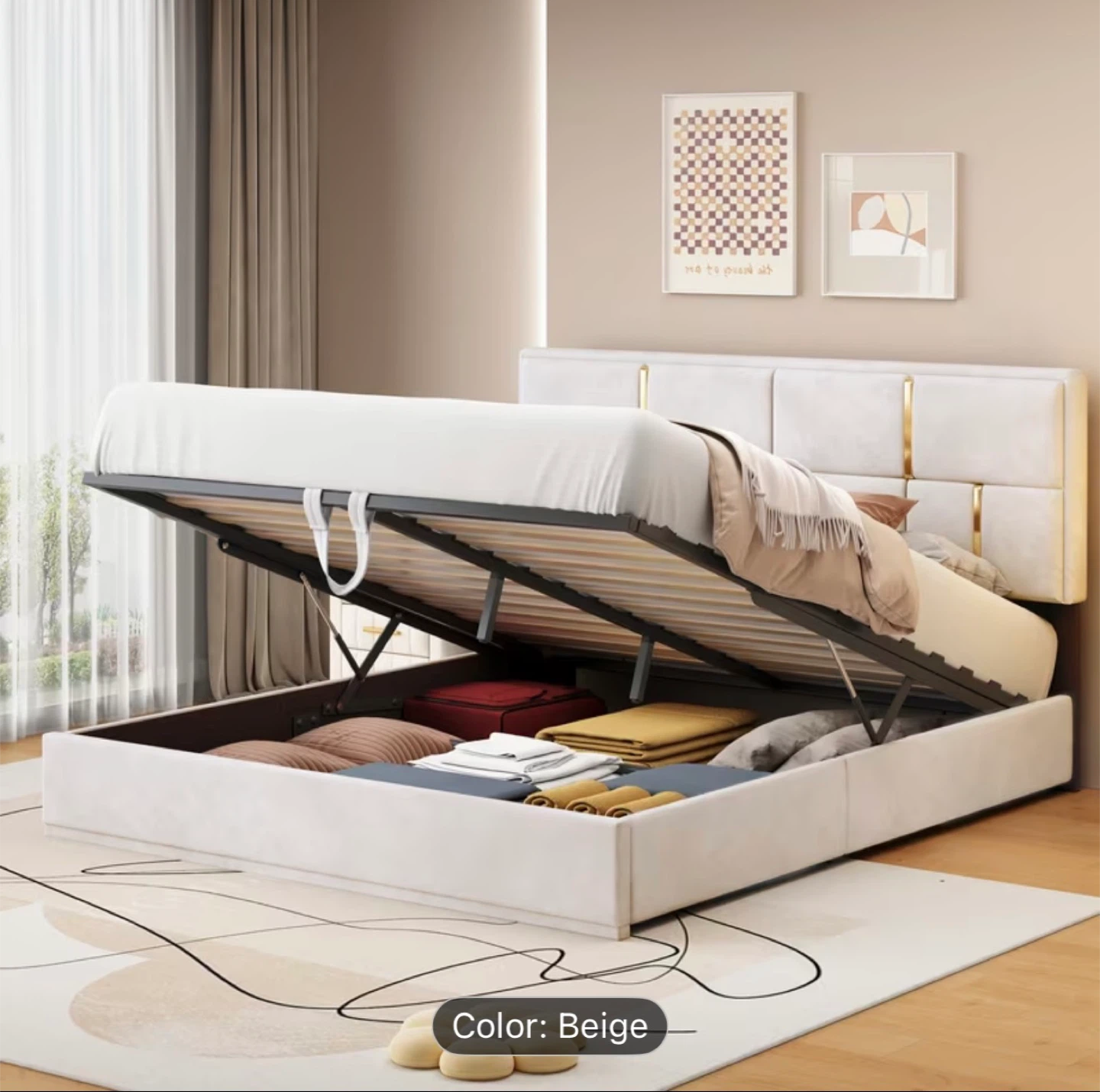 Queen Size Beige Upholstered Platform Bed - photo 2