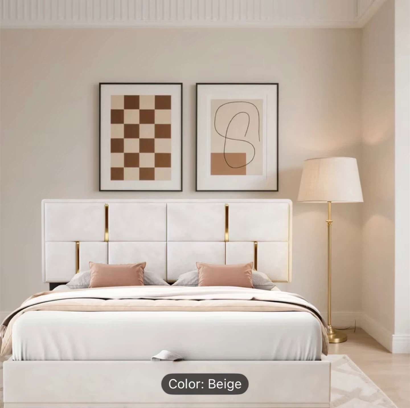 Queen Size Beige Upholstered Platform Bed