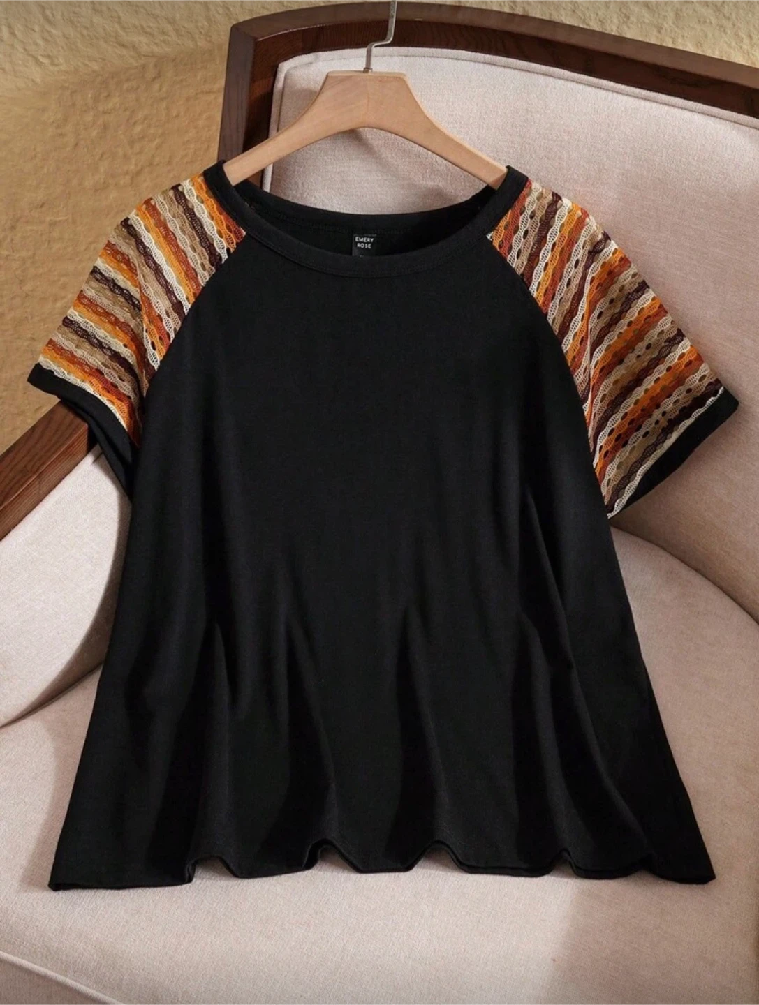 SHEIN Black T-Shirt with Crochet Sleeves