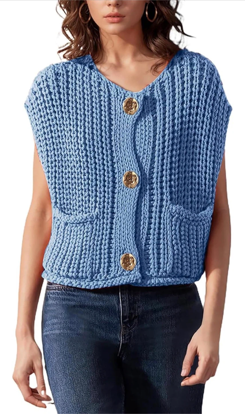 NEW! Blue Knitted Button-Up Sleeveless Cropped Cardigan Vest