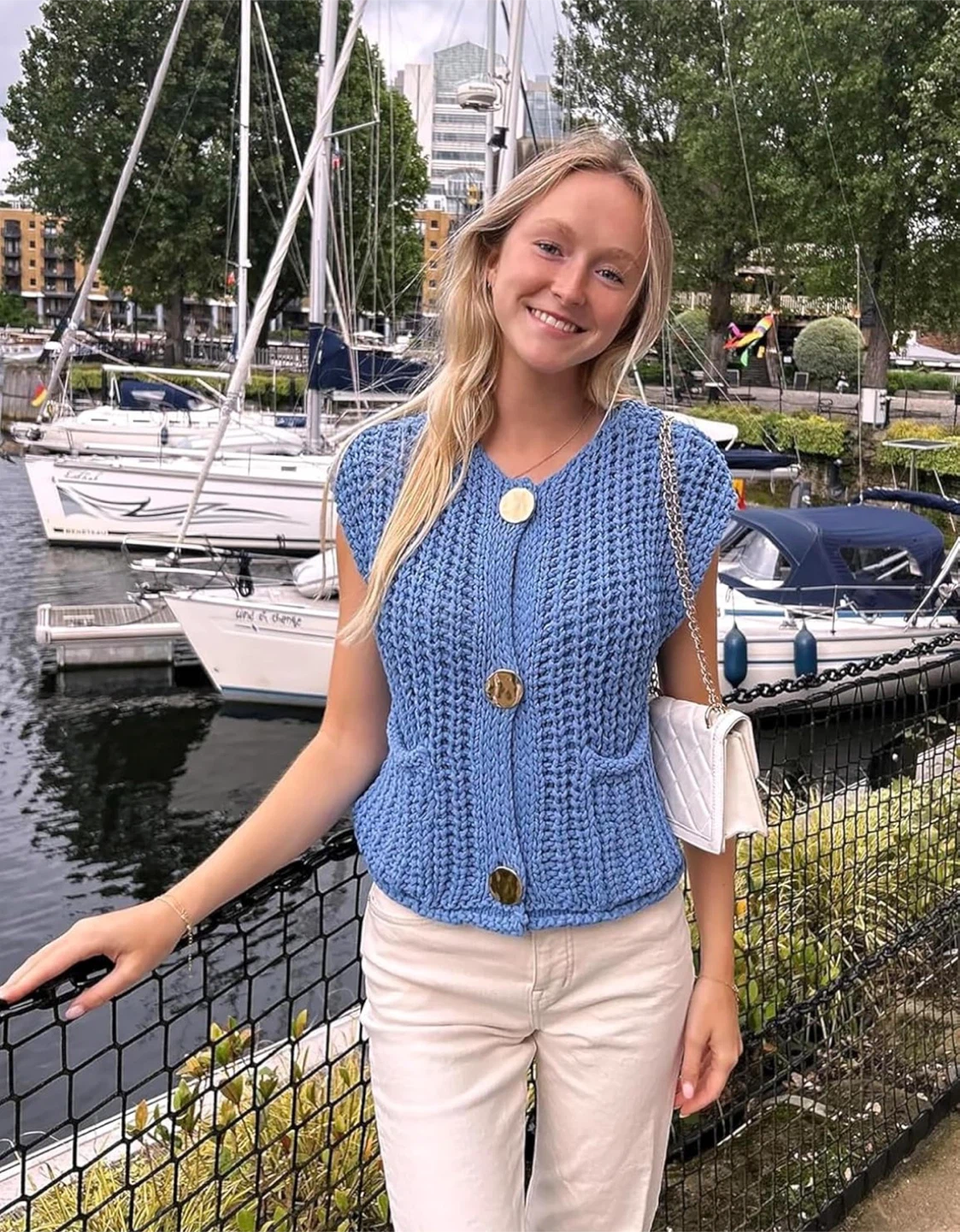 NEW! Blue Knitted Button-Up Sleeveless Cropped Cardigan Vest - photo 5