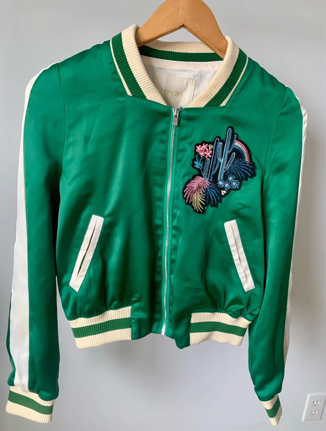 MAJE Green Satin Embroidered Bomber Jacket