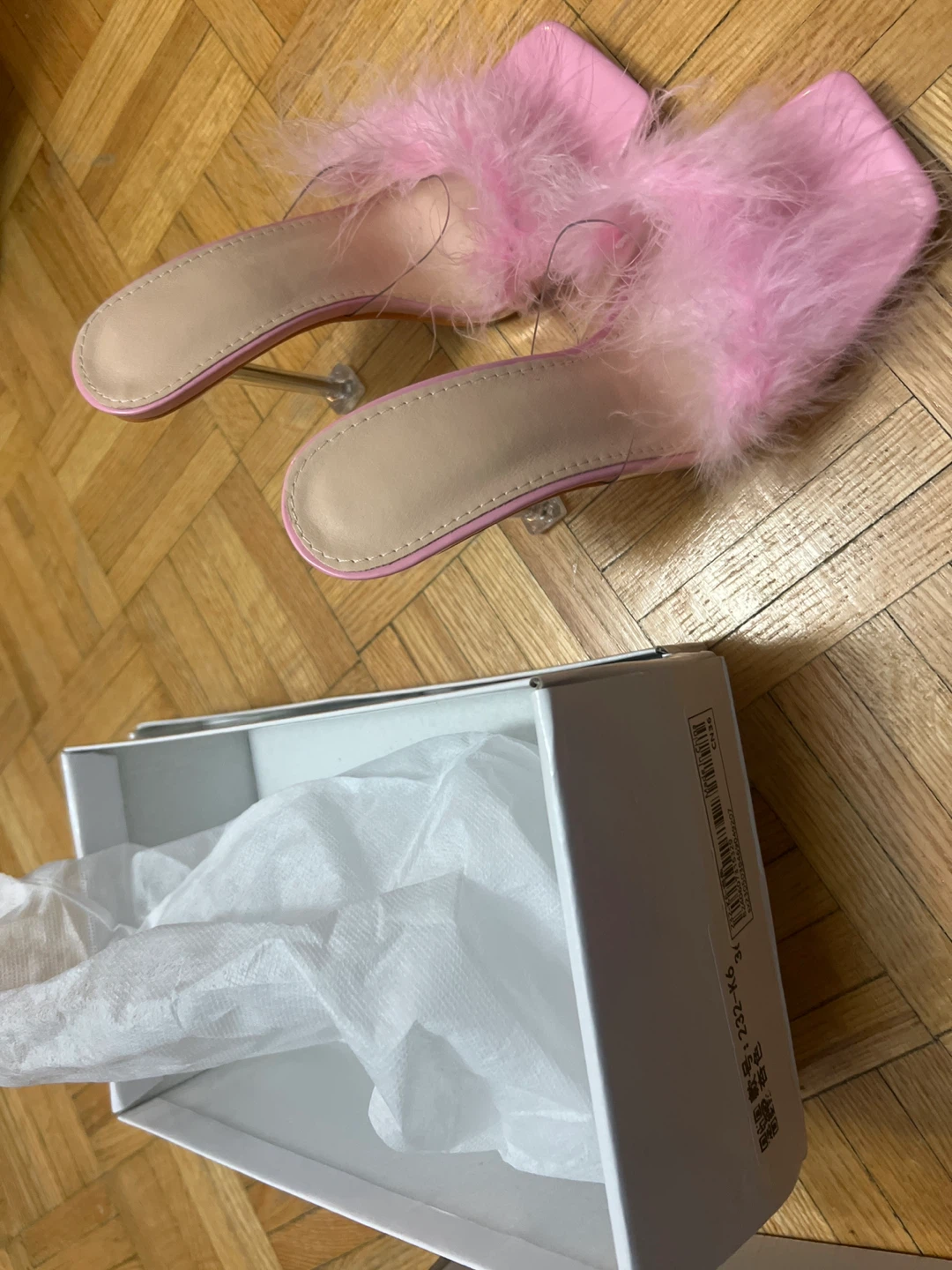 Pink Feather Heels with Clear Heels