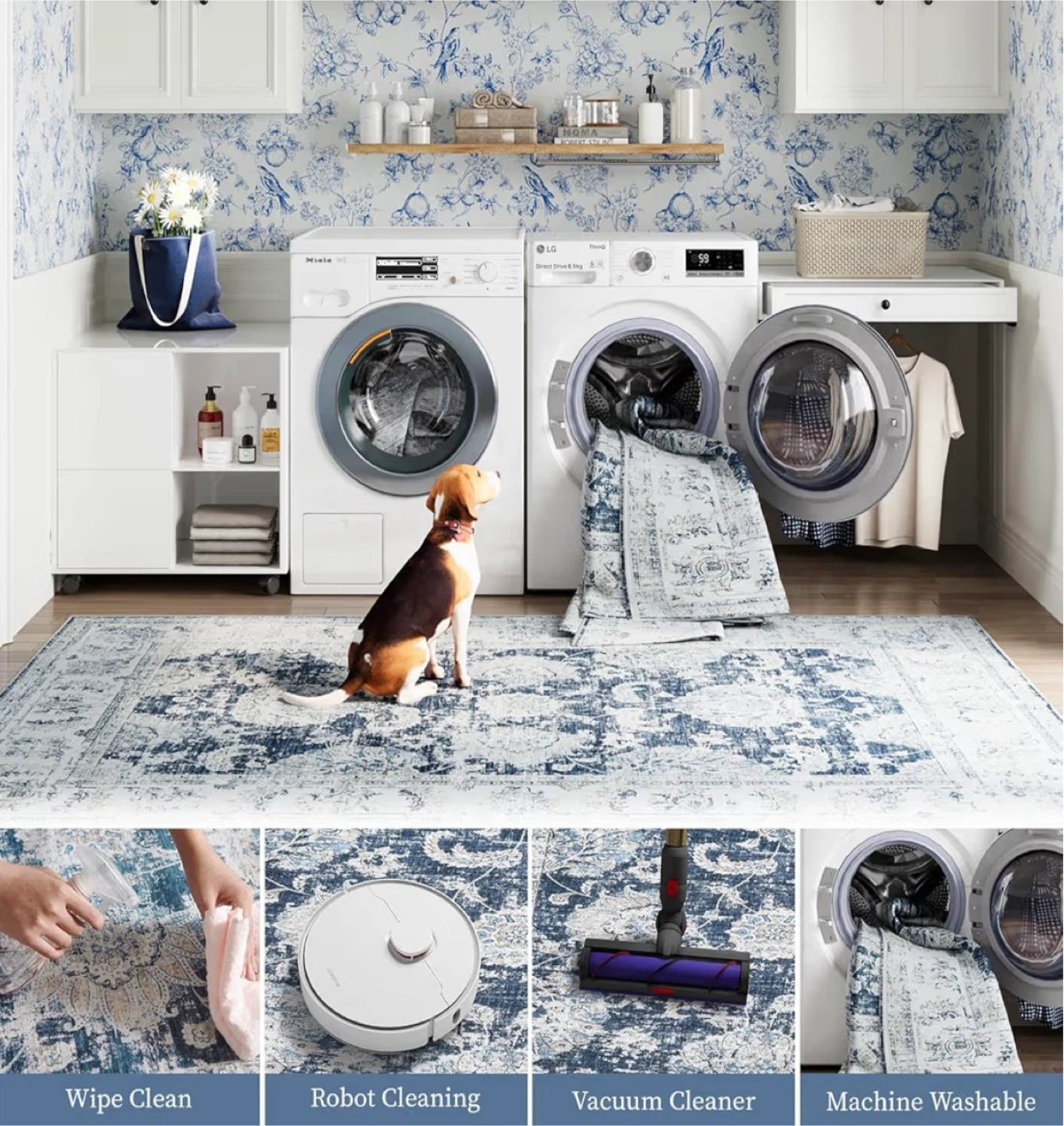 Blue Floral Area Rug - Non-Slip Backing - photo 2