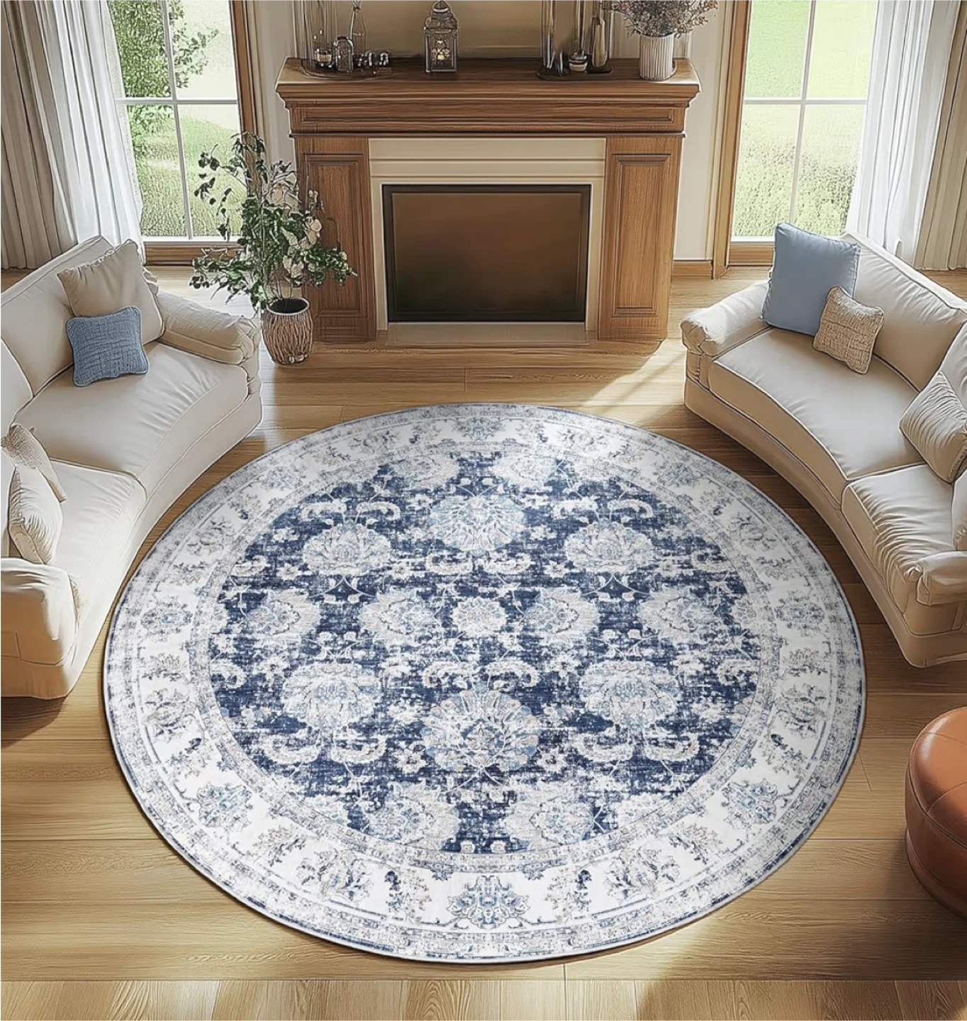 Blue Floral Area Rug - Non-Slip Backing
