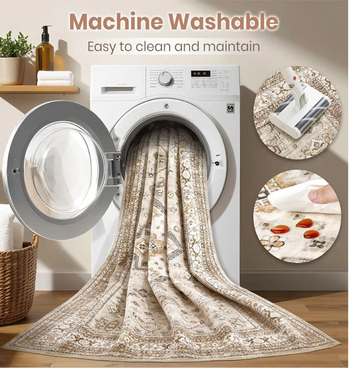 5'x7' Beige Area Rug - Machine Washable - photo 3