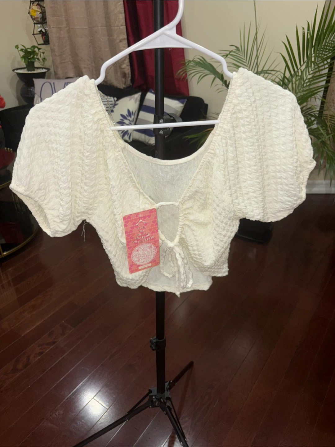 Cream Textured Tie-Front Crop Top