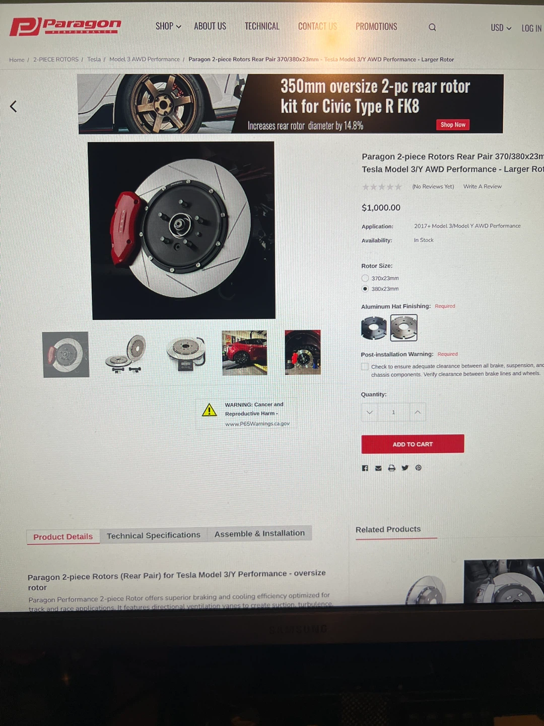 Paragon Tesla Model 3/Y Rear Brake Rotors (Pair) - photo 3