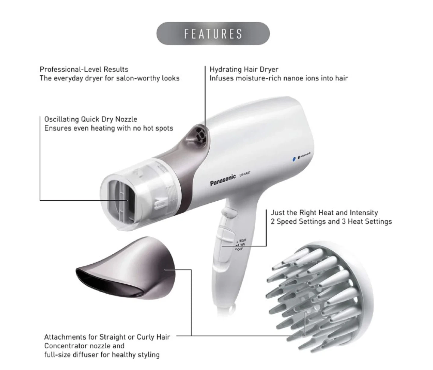 Panasonic EH-NA67 Nanoe Hair Dryer - White/Gold