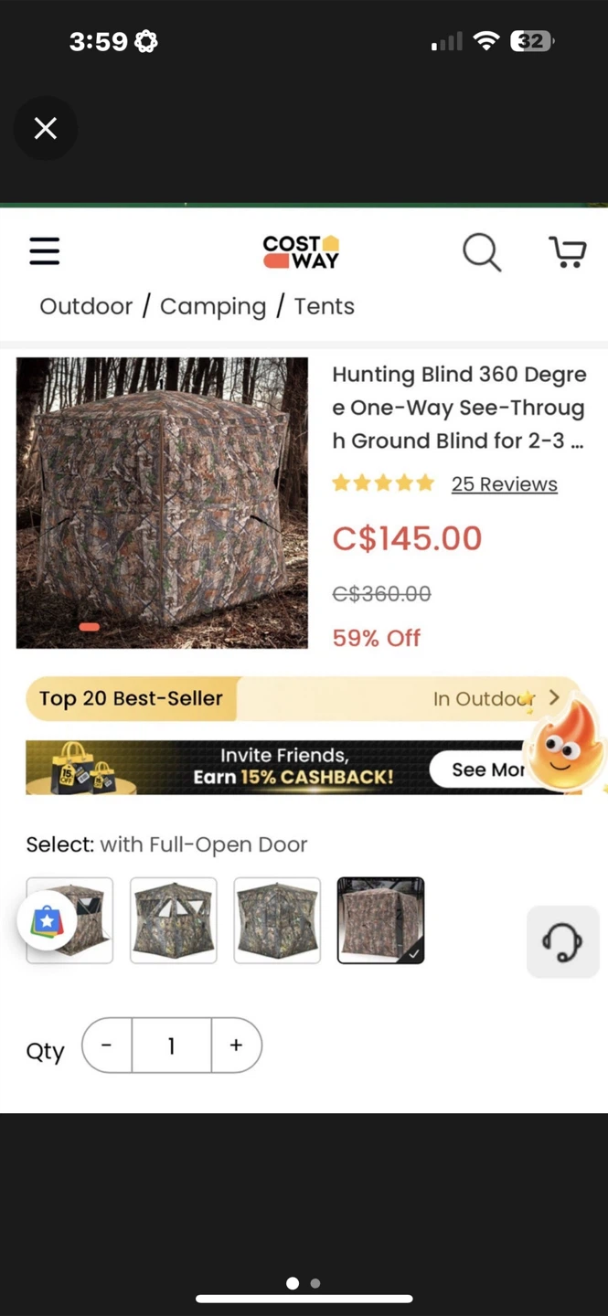 Costway Hunting Blind 360 Degree See-Through Ground Blind
