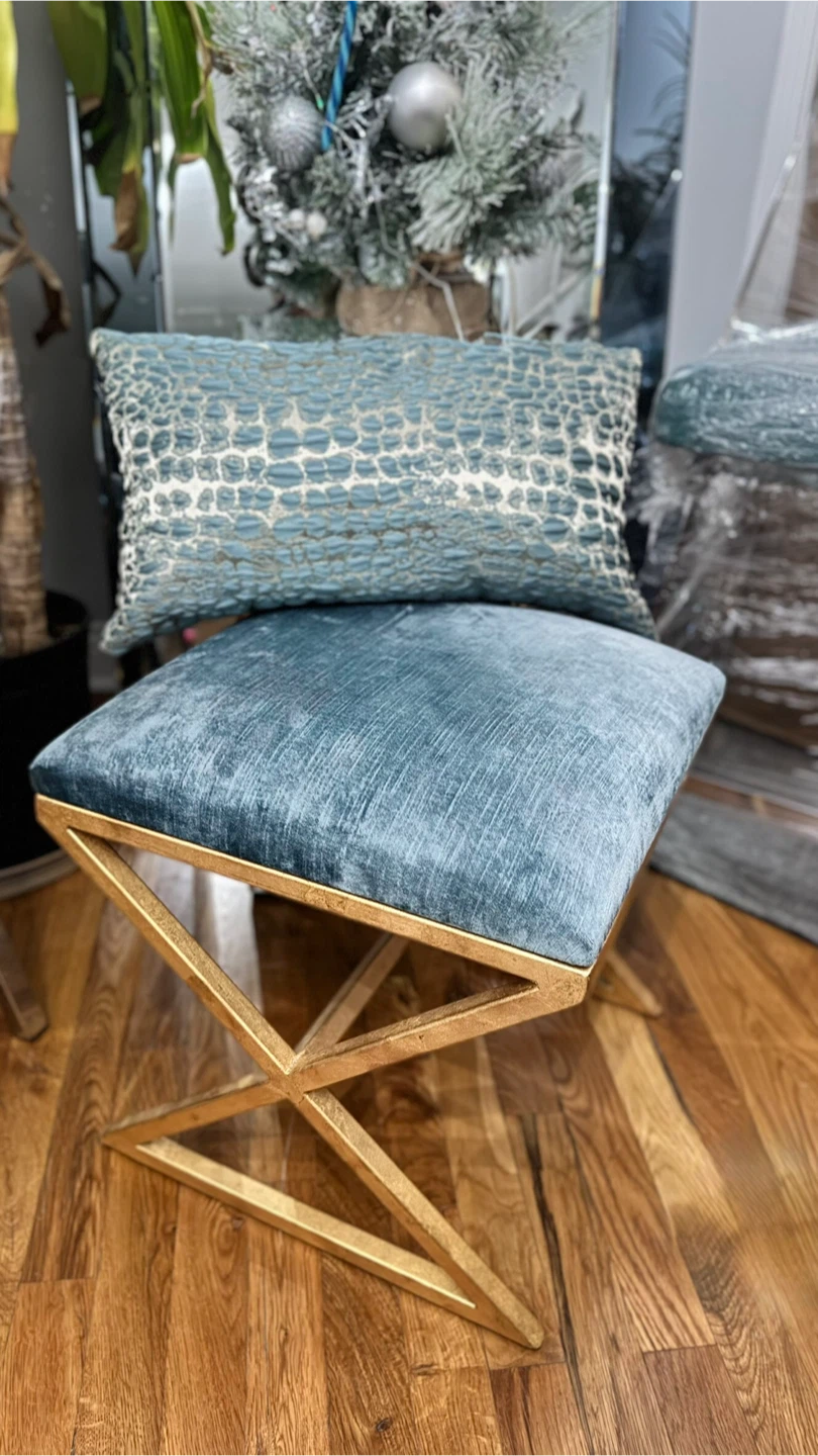 Blue Velvet Ottoman Stool with Gold Base - photo 5