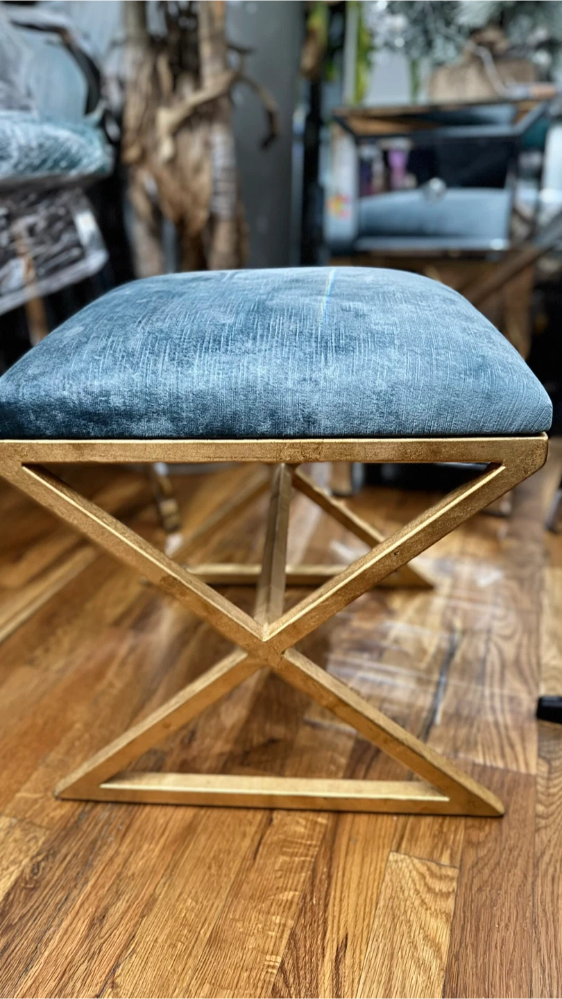 Blue Velvet Ottoman Stool with Gold Base - photo 2
