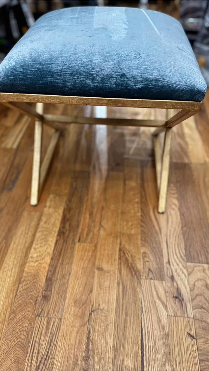 Blue Velvet Ottoman Stool with Gold Base - photo 3