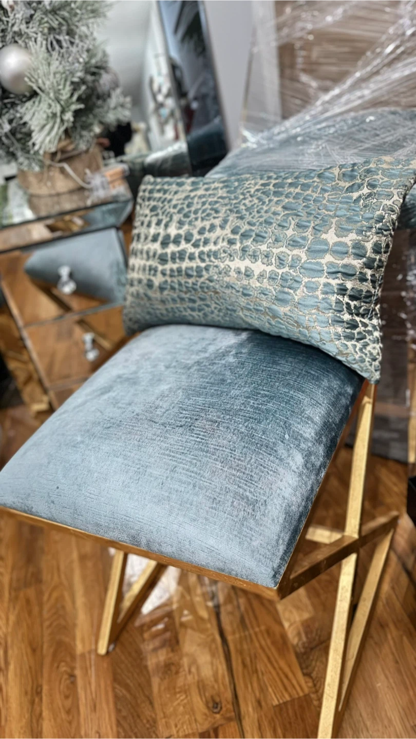Blue Velvet Ottoman Stool with Gold Base