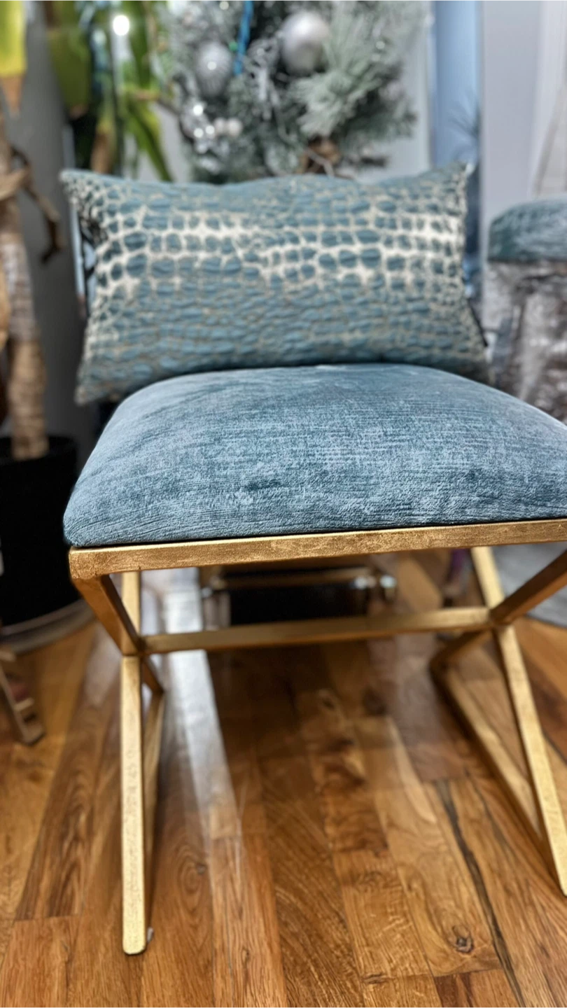 Blue Velvet Ottoman Stool with Gold Base - photo 4