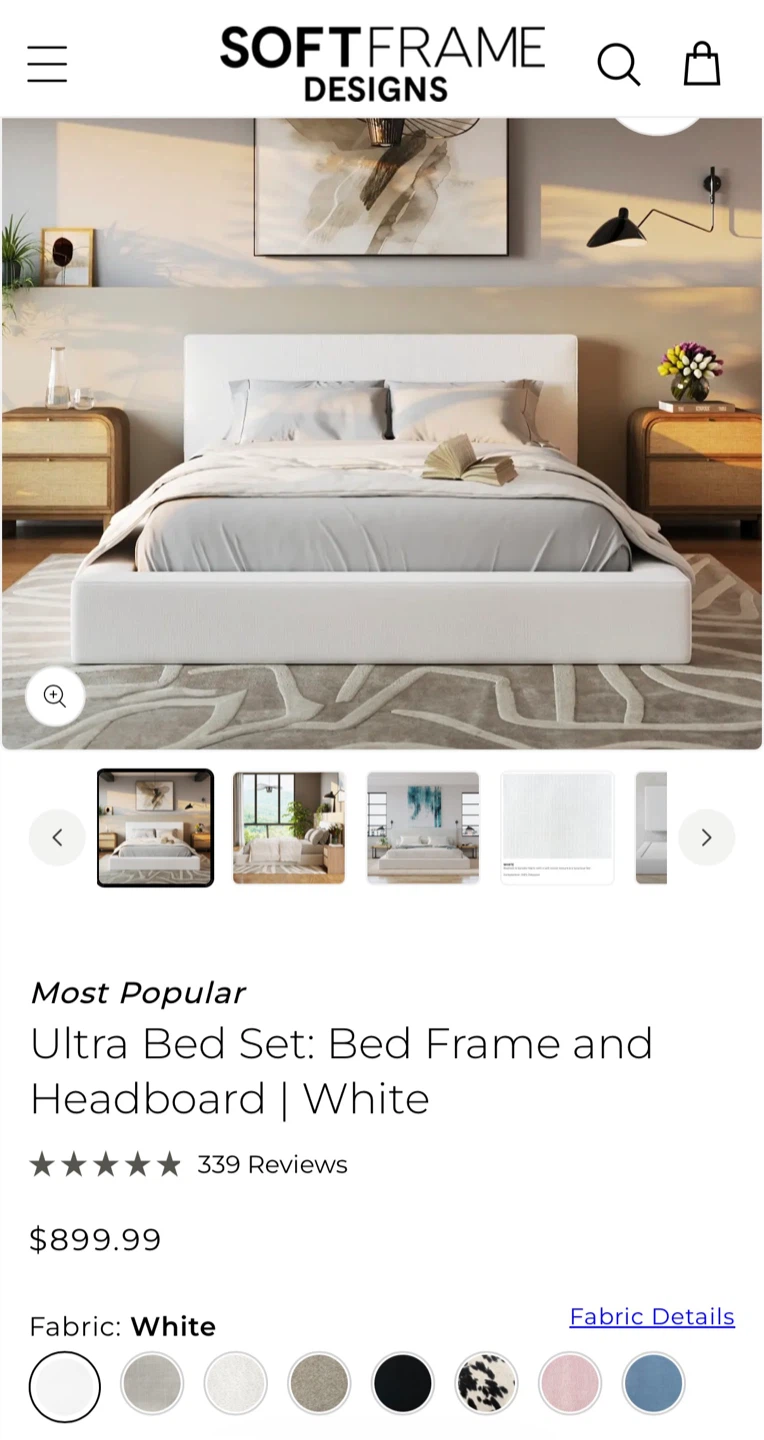 Soft Frame Bed Frame and Headboard - White - photo 5