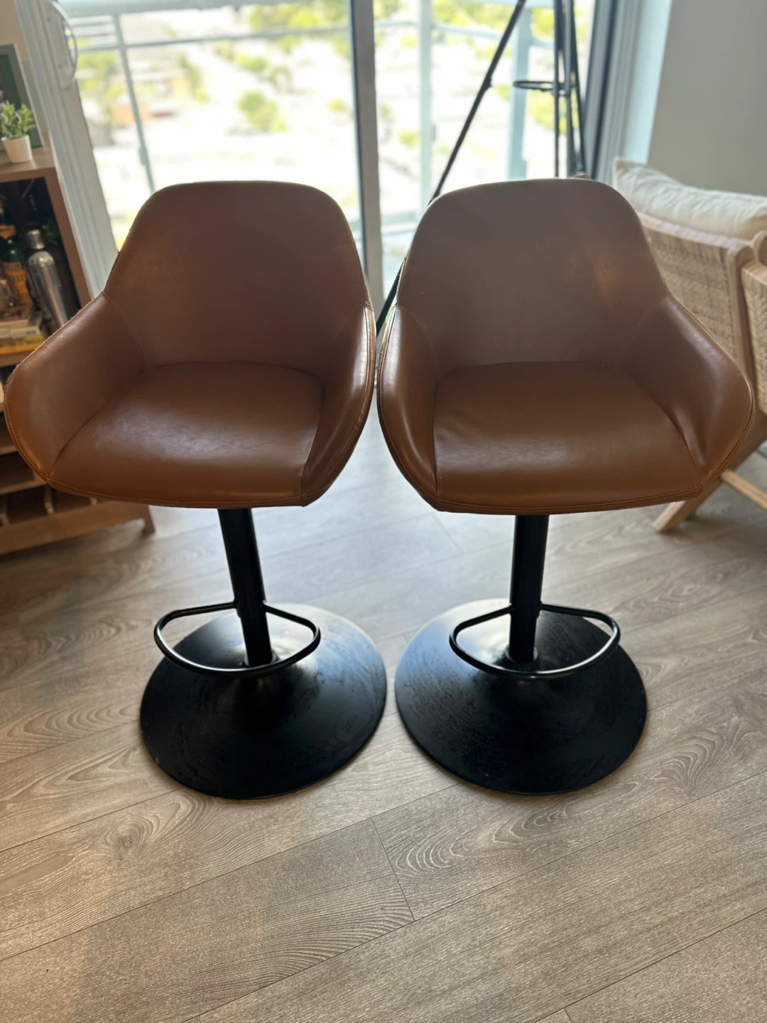 Set of 2 Brown Swivel Leather Bar Stools