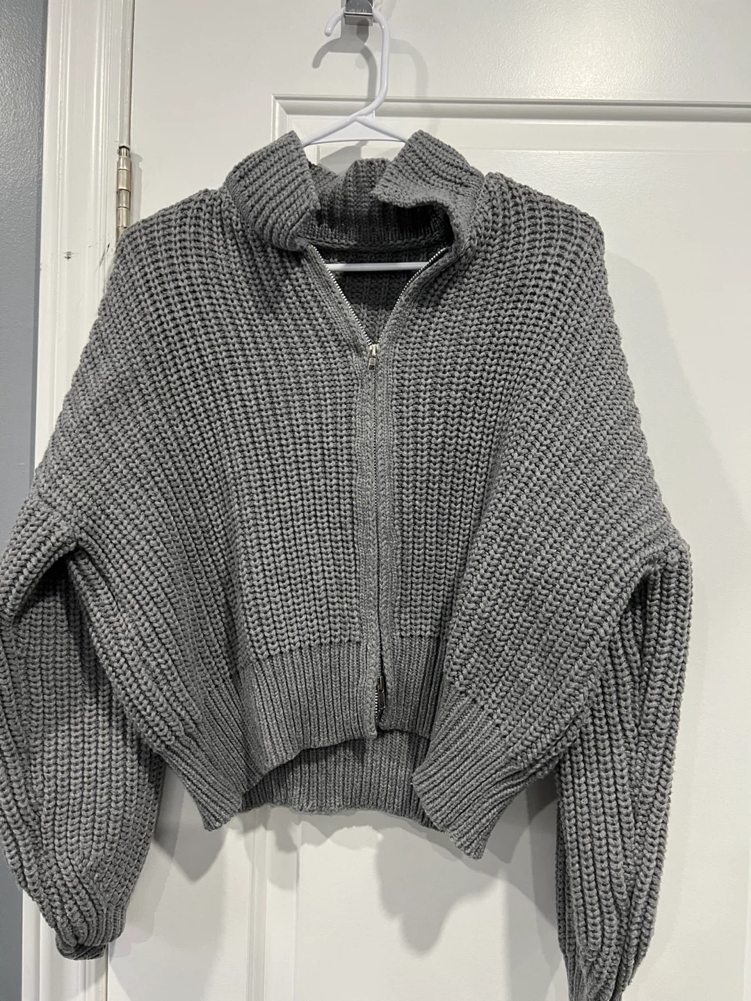 Grey Knit Zip-Up Sweater