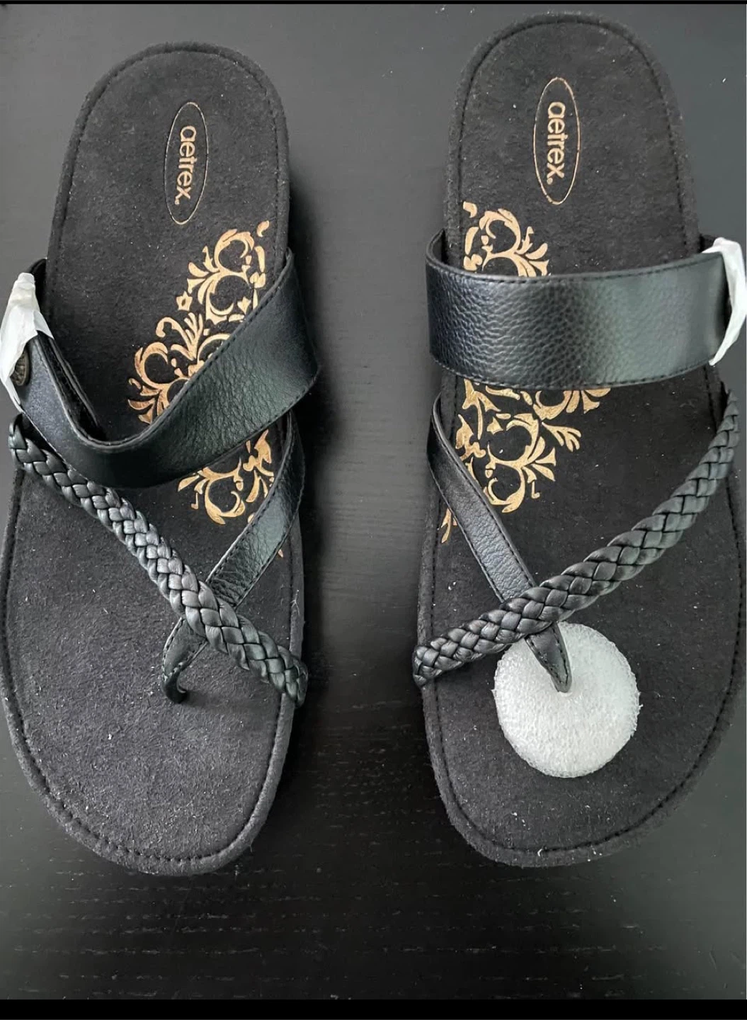 New Aetrex Black Leather Braided Sandals