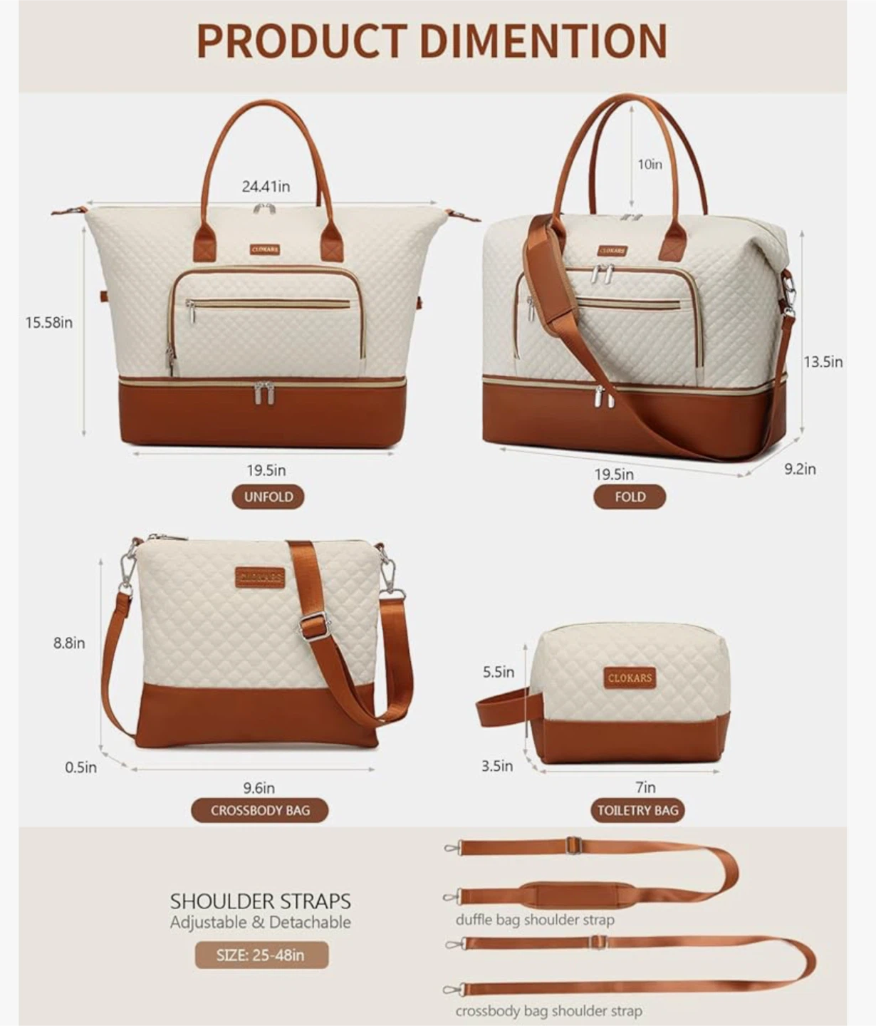 CLOKARS Travel Duffle Bag Set - Beige & Brown - photo 3