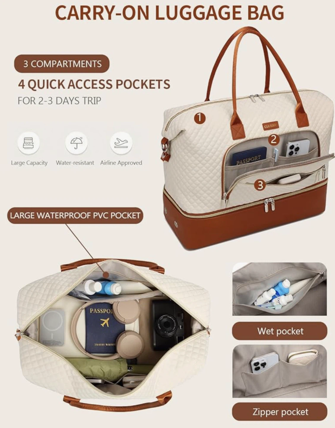 CLOKARS Travel Duffle Bag Set - Beige & Brown - photo 5