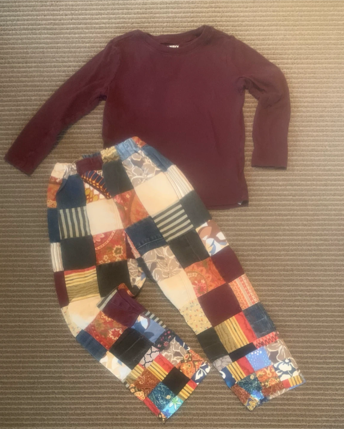 Kids' Burgundy Long Sleeve Shirt + Unique Patchwork Pants