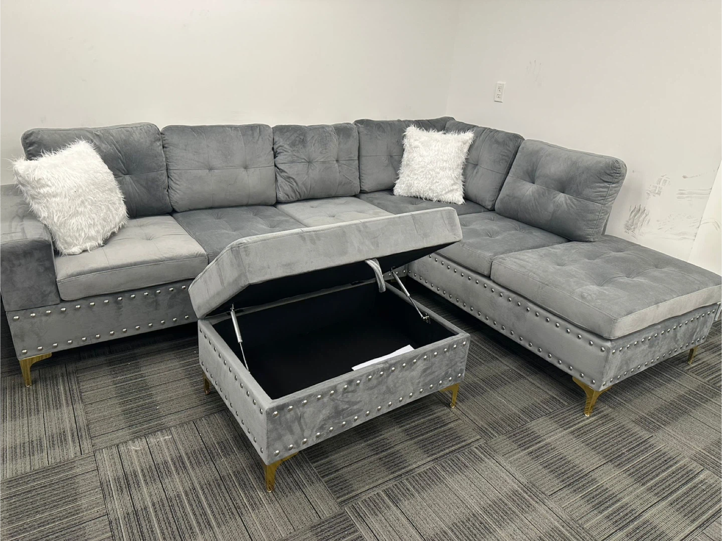 Grey Velvet Sectional Sofa with Ottoman - photo 3
