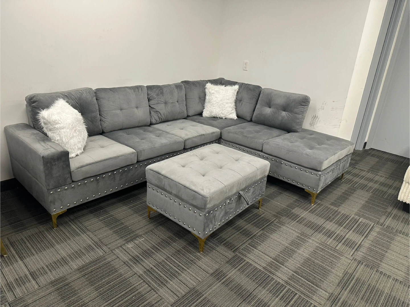 Grey Velvet Sectional Sofa with Ottoman