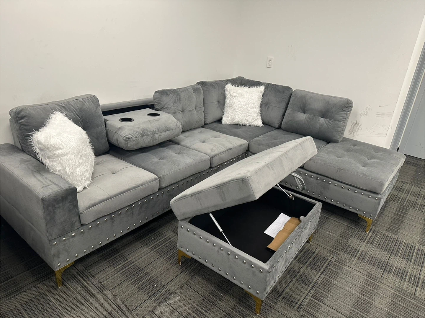 Grey Velvet Sectional Sofa with Ottoman - photo 2