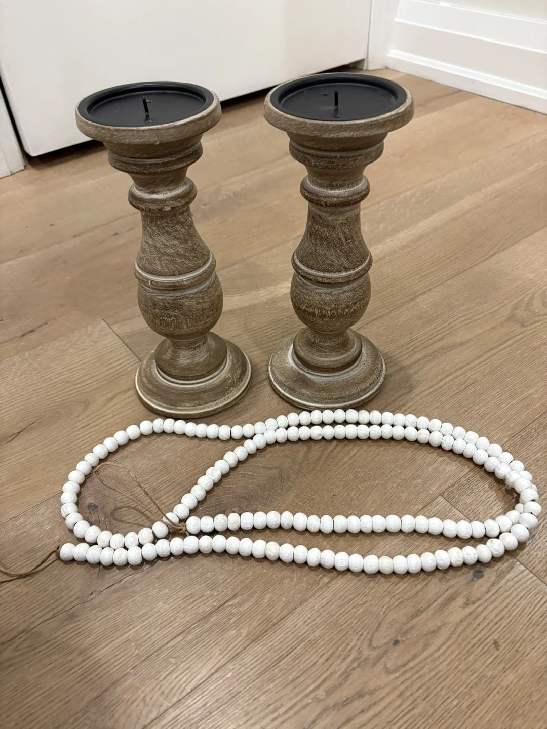 Wood Candle Holders & Bead Garland