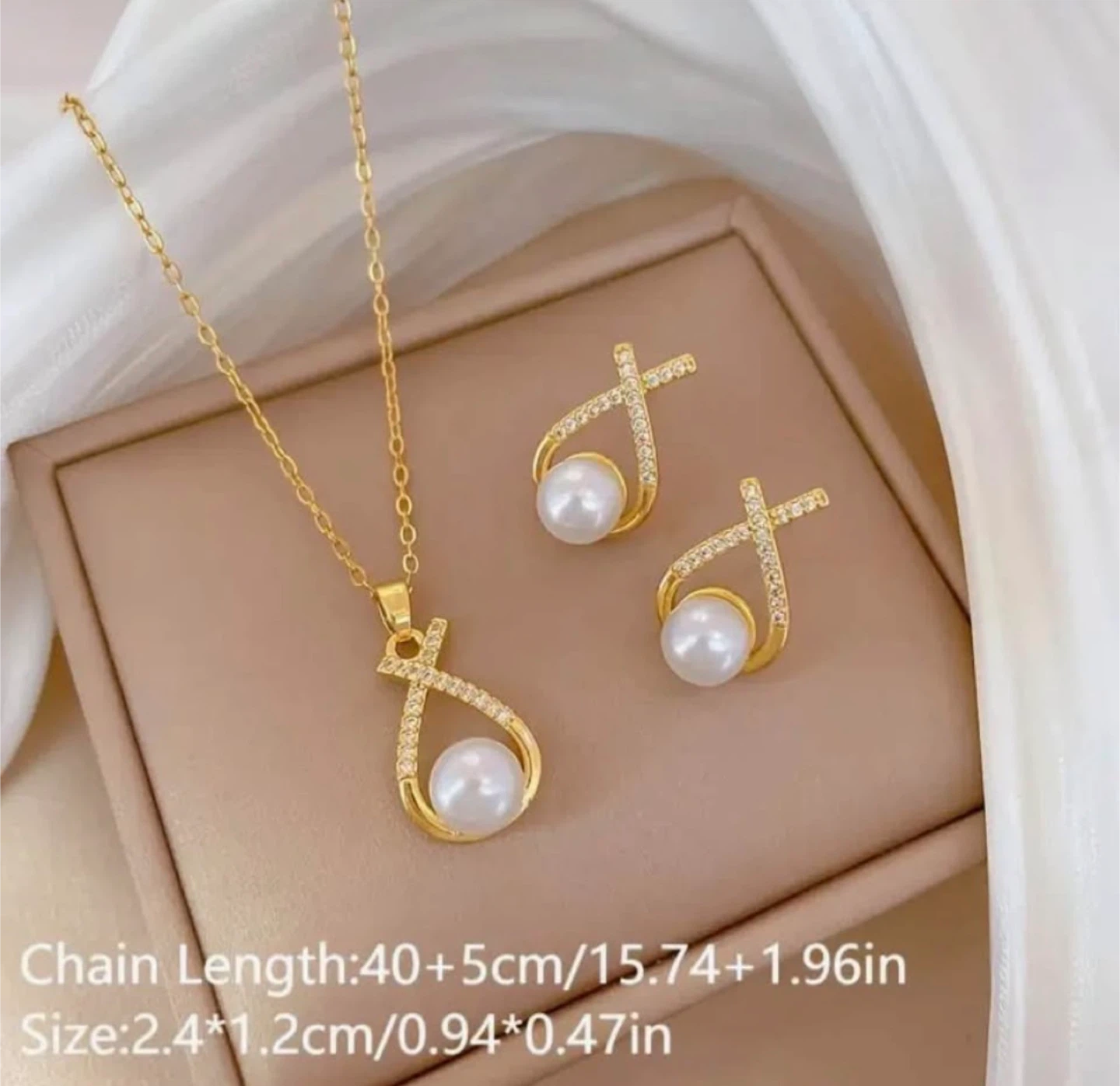 Pearl Drop Necklace & Earring Set - Gold - photo 4
