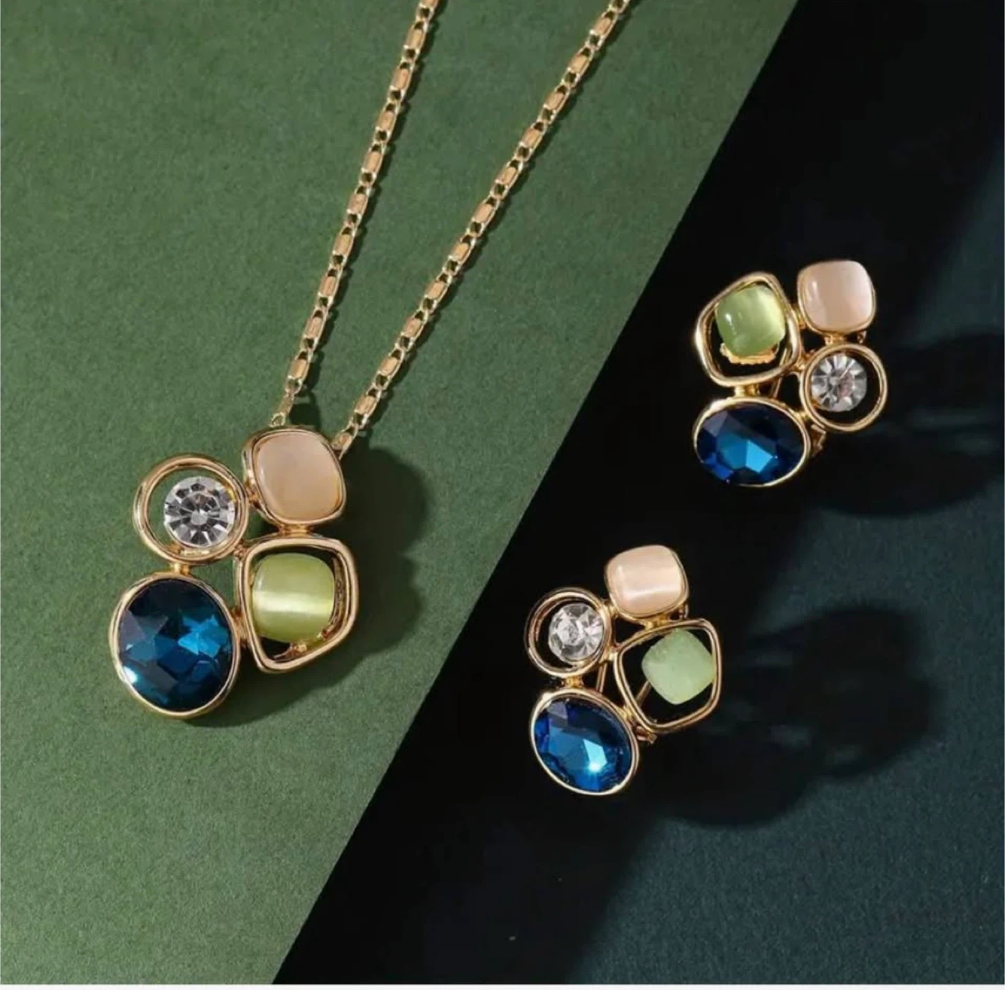 Necklace & Earrings Set - Blue, Green, Gold - photo 2
