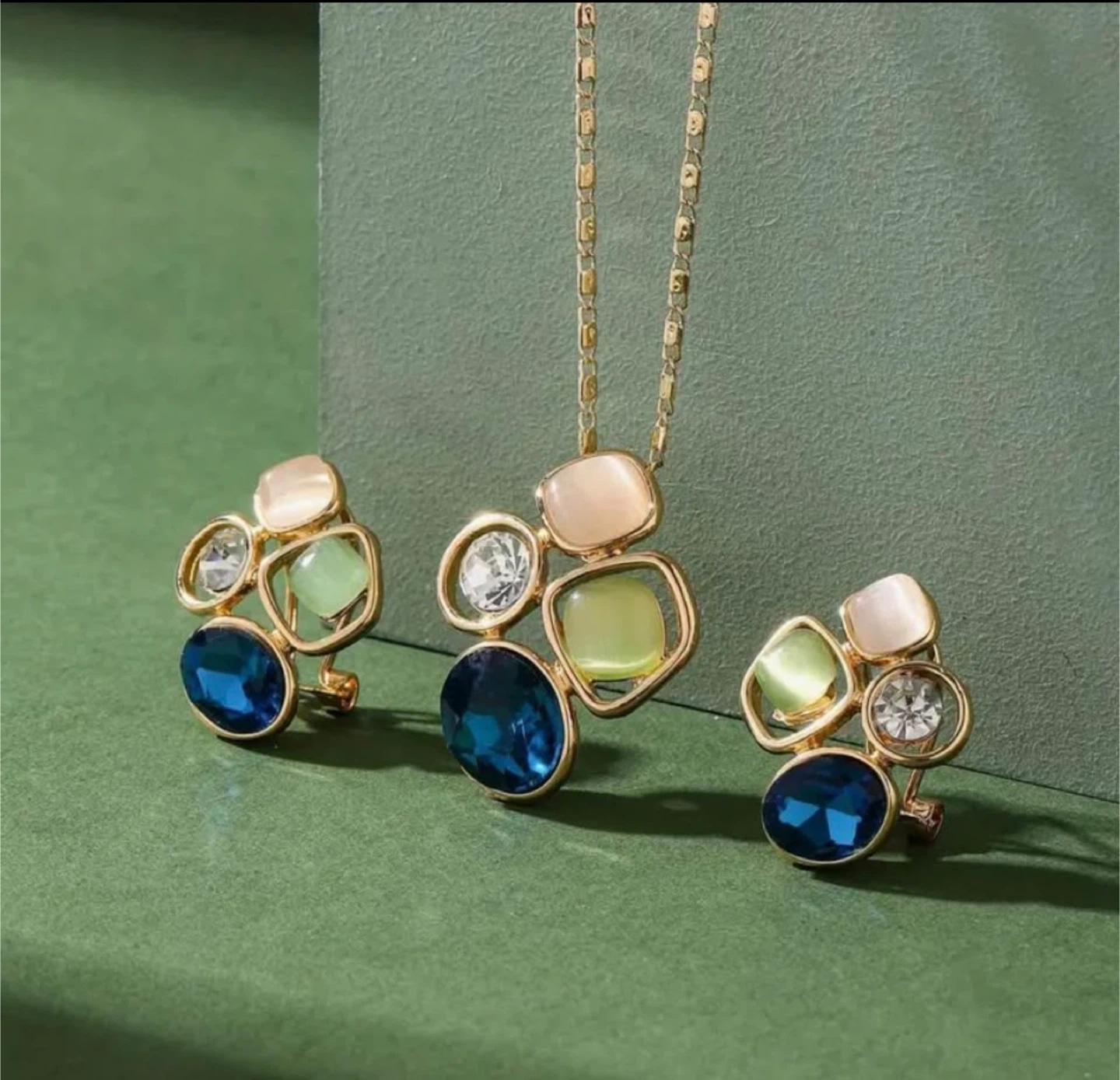 Necklace & Earrings Set - Blue, Green, Gold