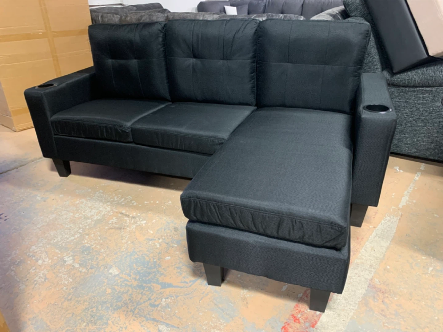 Black Sofa with Ottoman and Cupholders new in box