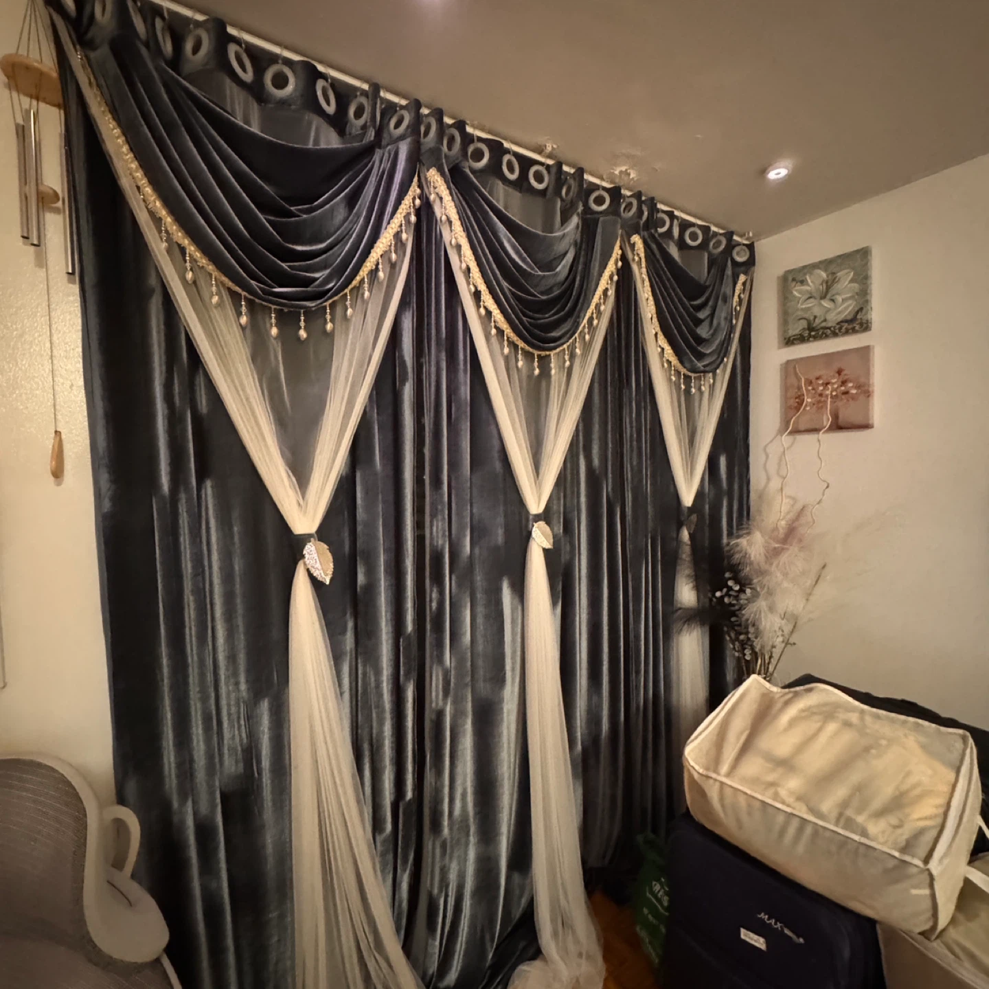 Elegant Grey Velvet Curtains with Sheer Overlay