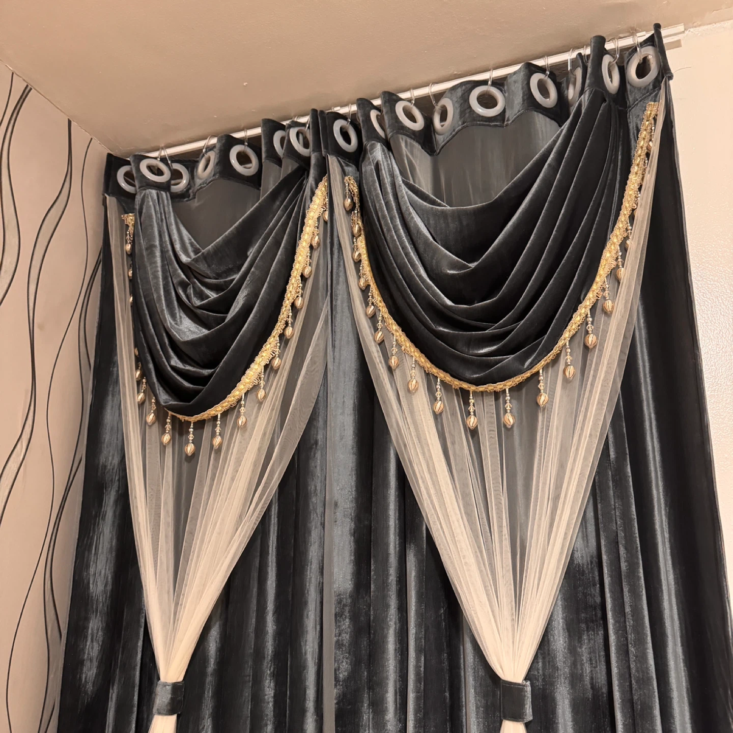 Elegant Grey Velvet Curtains with Sheer Overlay - photo 3