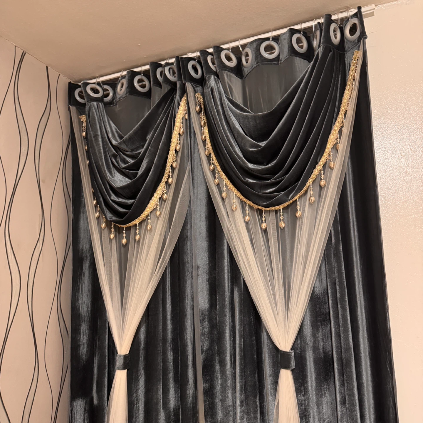 Elegant Grey Velvet Curtains with Sheer Overlay - photo 4
