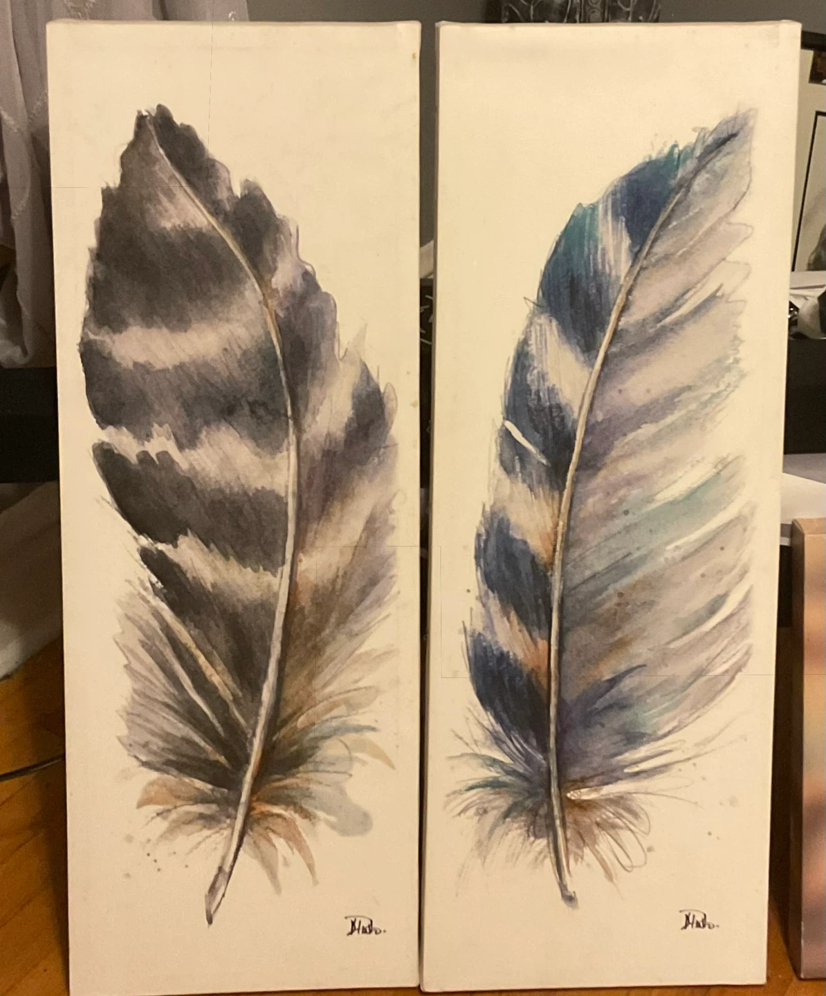 2set Watercolor Feather WhiteVIcanvas artist Patricia Pinto.